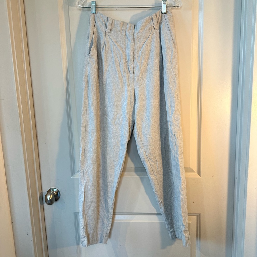 FRANK & OAK High-Waist Light Gray Linen & Cotton  Pleated Trousers